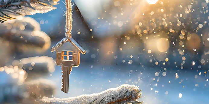 Key on hangin on snow covered tree with house in the background
